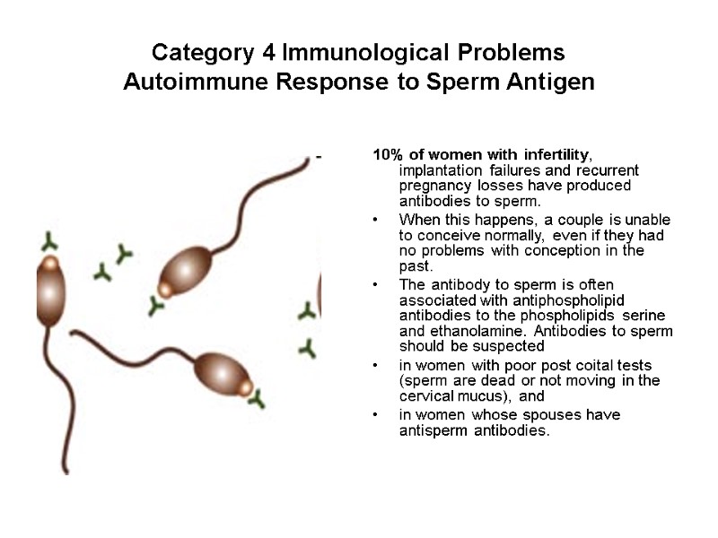 Category 4 Immunological Problems  Autoimmune Response to Sperm Antigen  10% of women